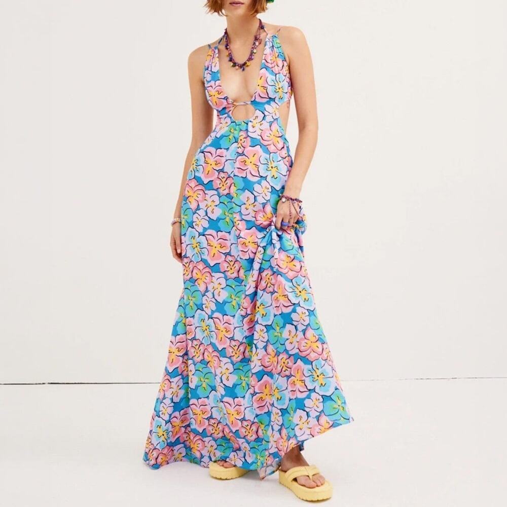 For Love & Lemons Yasmin Blue Multi Floral Cut Out Maxi Dress Size L